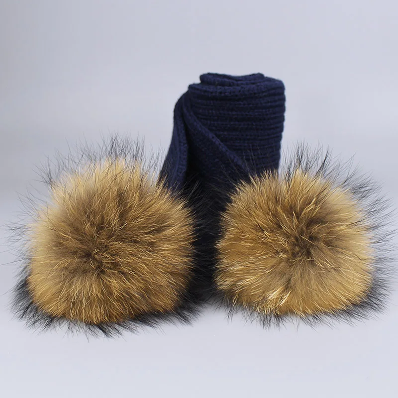 Scarf Navy Г. Шапка с помпоном для девочек, теплые вязаные с помпоном из меха, шапка с помпоном и шарф, комплект, детская зимняя шапка с помпоном из натурального меха енота, Skullies - Цвет: Scarf Navy