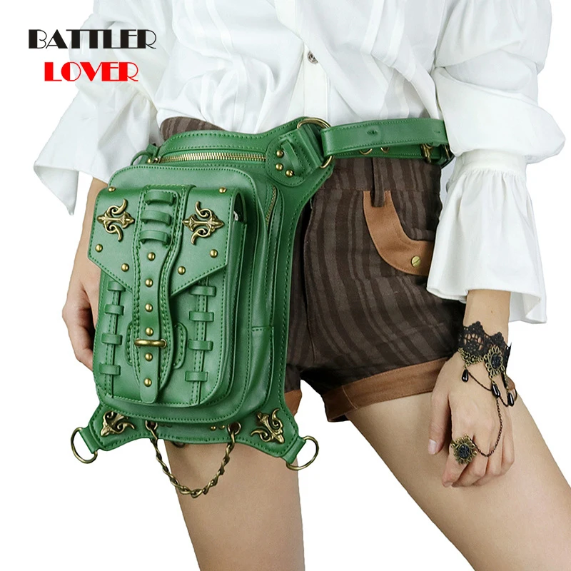 

Vintage Steampunk Waist Bags Punk Rivets Shoulder Bag Man Cool Gothic Green PU Leather Travel Bag Men Womens Motorcycle Leg Bags