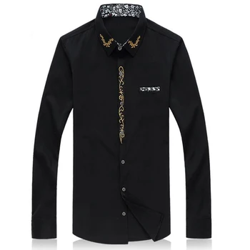 

Men Shirt M-7xl Slim Solid Color Embroidery Long Sleeve Cotton Shirt Casual Camisa Shirts 6xl 5xl Hombre Red Navy Black White