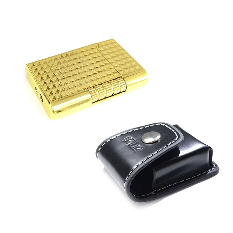 

A Set Classic Golden Color Rolling Flint Metal Cigarette Cigar Refillable Butane Gas Soft Flame Lighter with PU Leather Case