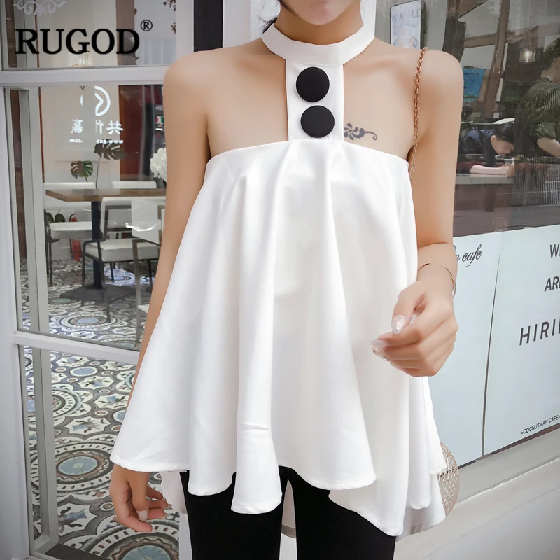 

RUGOD 2019 New Women Solid Sexy Shirt Hanging Neck Off-sholder Sleeveless Loose Asymmetrical Shirt Elegant Temperament Tops