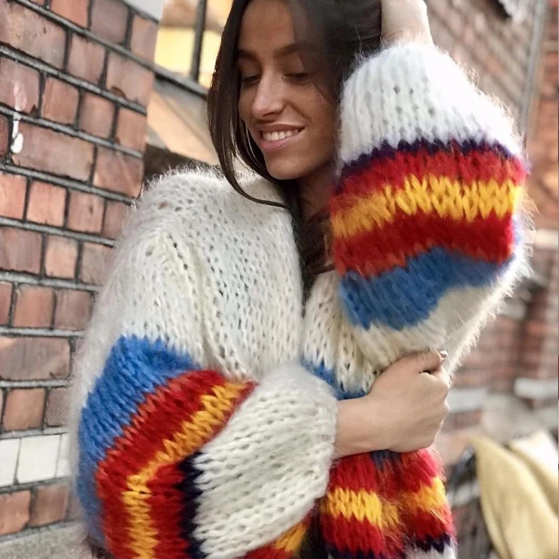

Autumn Winter Women cardigan 2019 Sweater Loose Knitted Tops Fashion Female Bat Sleeve Knit Cardigan Sweater stripe sweater