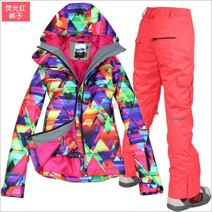 2016 female ski suit women snowboarding skiing suit skiwear colorful geometric figure ski jacket and red ski trousers suit