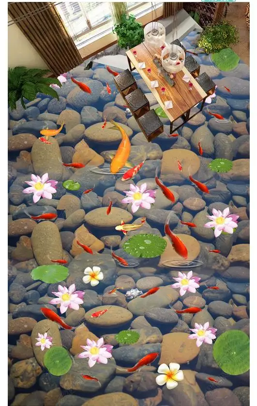 

Custom photo wallpaper 3d flooring Waterproof self-adhesion murals Cobblestone Stone Fish Lotus Bathroom Walkway Floor Stickers