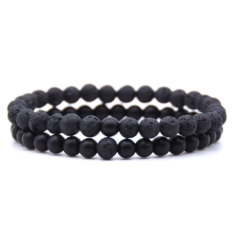 NIUYITID 2pcsset 6mm Lava Stone Bracelet Men Women Jewelry Lovers` Couple Braclet Natural Stone Bracelet Armband Heren (19)