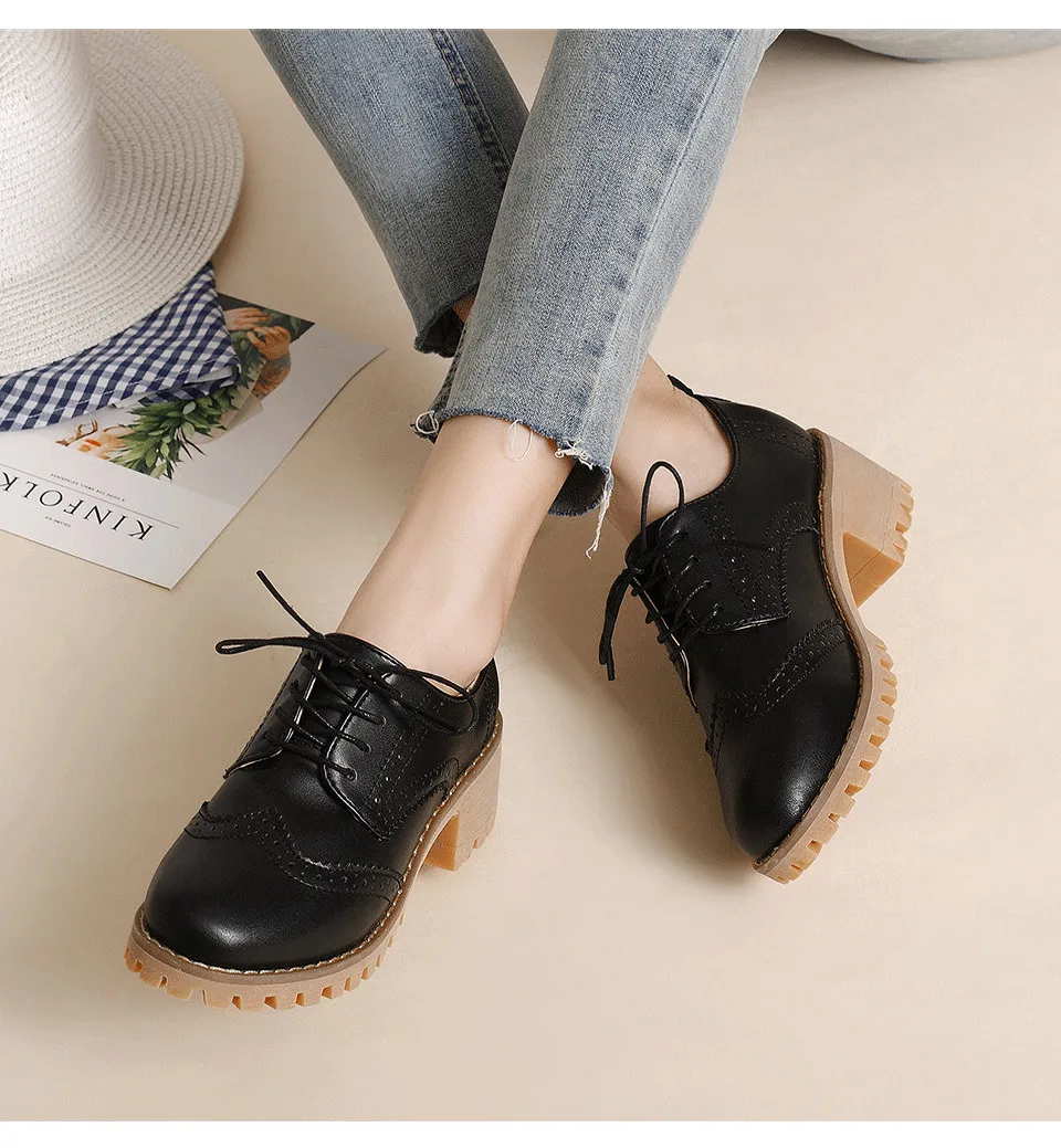 Women Oxfords Shoes Handmade Lace-up Round Toe Thick Heel Leisure Comfortable and Soft Office Lady Shoes