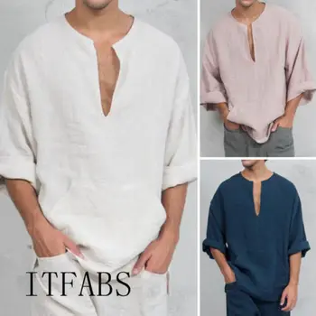 

Mens Pullover Cotton Linen Shirts Long Sleeve Breathable Mens Quality Casual Shirts Loose Plain Cotton Shirts Men