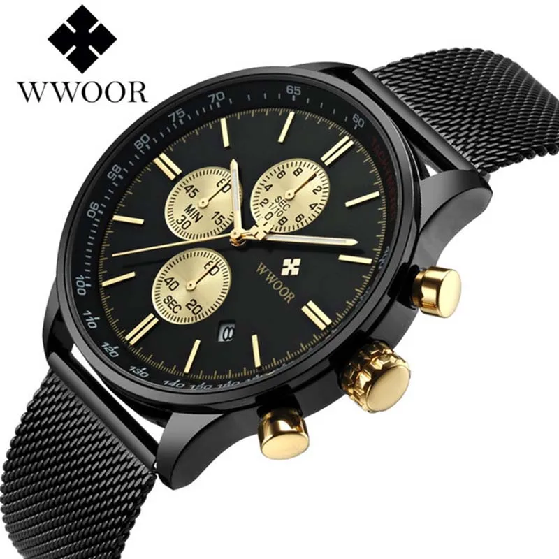 

WWOOR 2019 Men's Watch Top Brand Luxury Business Watch Men Stainless Steel Gold Watches Chronograph Watch For Men reloj hombre