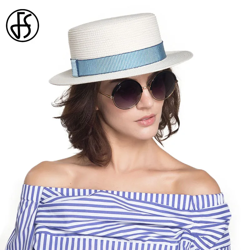 

FS Fashion Sun Hat For Women Classic Panama Cap Fodora Summer Beach Visor Straw Hats Ribbon Round Flat Top Sombreros