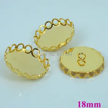 

18mm Blank Round Hollow Lace Bezel tray Cameo Cabochon Bases Settings Caps Buttons Back Loop Findings Golden tone Plated