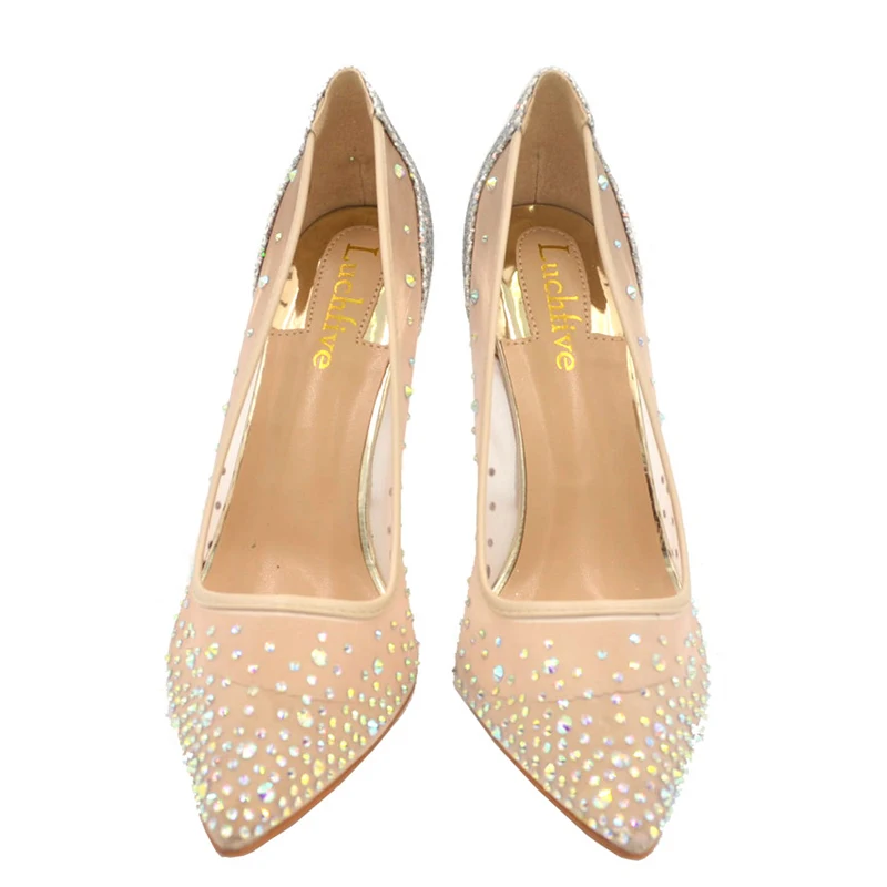 

Fashion Bling Rhinestone Mesh High Heel Shoes Woman Pointed Toe Shallow Mouth Wedding Shoes Woman Transparent Shoes