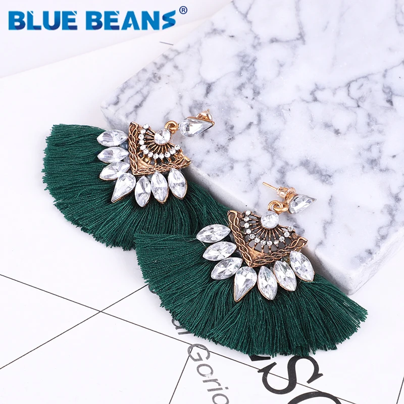 HTB1SG7Ibo rK1Rjy0Fcq6zEvVXa5 - Green Rhinestone earrings handmade women tassel bohemian statement luxury long crystal earring geometric fringe ethnic tassle CC