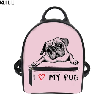 

Customized Women PU Leather Backpack I Love My Pug Printing Pink String Mini Rucksack School Girls Shoulder Daypack