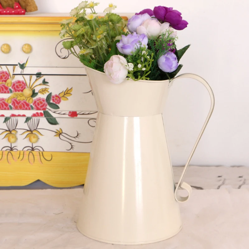 Vintage Tall Metal Shabby Chic Cream Vase Enamel Pitcher Jug Wedding Home Decor