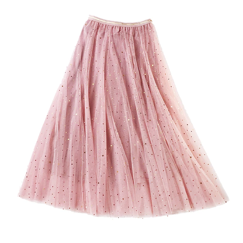 Корейская Высокая талия плиссированная миди юбка элегантная Фея Женская юбка из тюля блестящая пятиконечная трехслойная сетчатая юбка женская