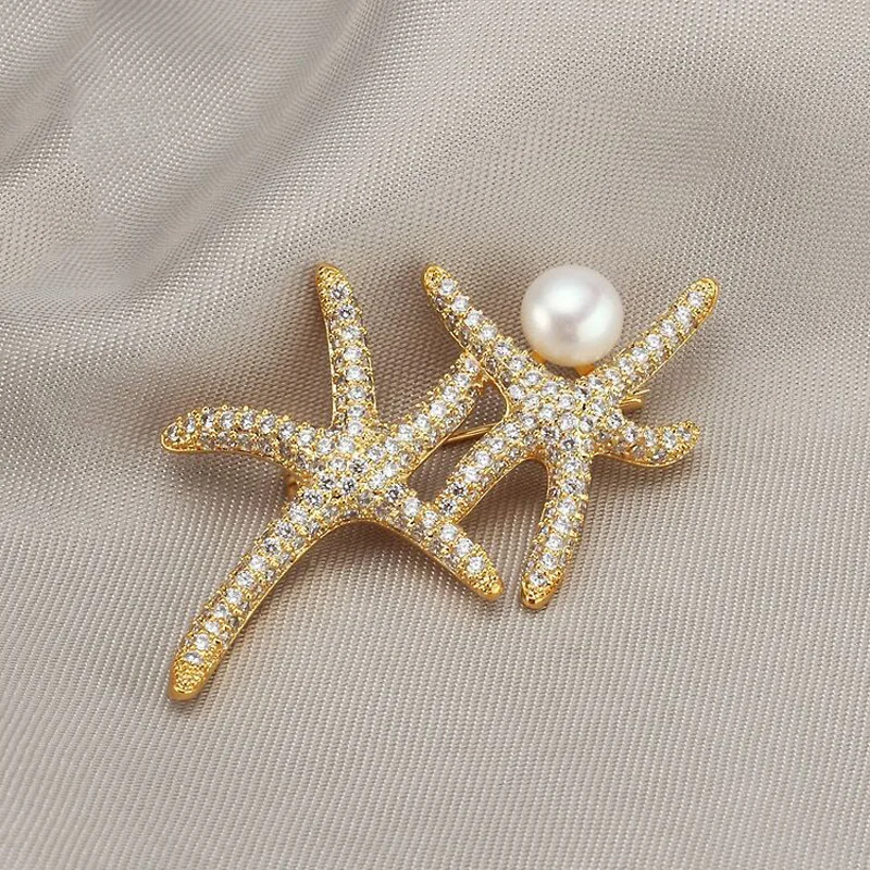 

Luxury Crystal Starfish Brooches Women Natural Pearl Brooch Pins Jewelry for Wedding Party Gifts Rhinestone Pins Accessories