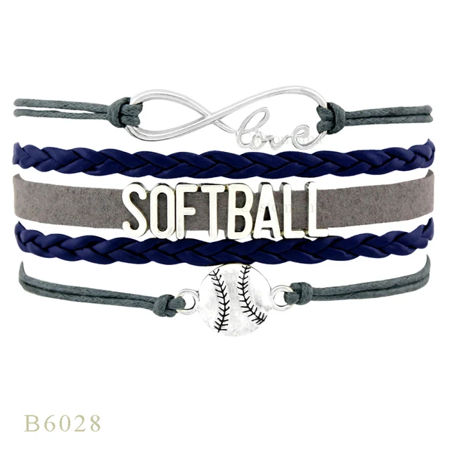 I LOVE Softball Emblème Noir Rope Bracelet-Argent Antique Charme-Sports-Ball