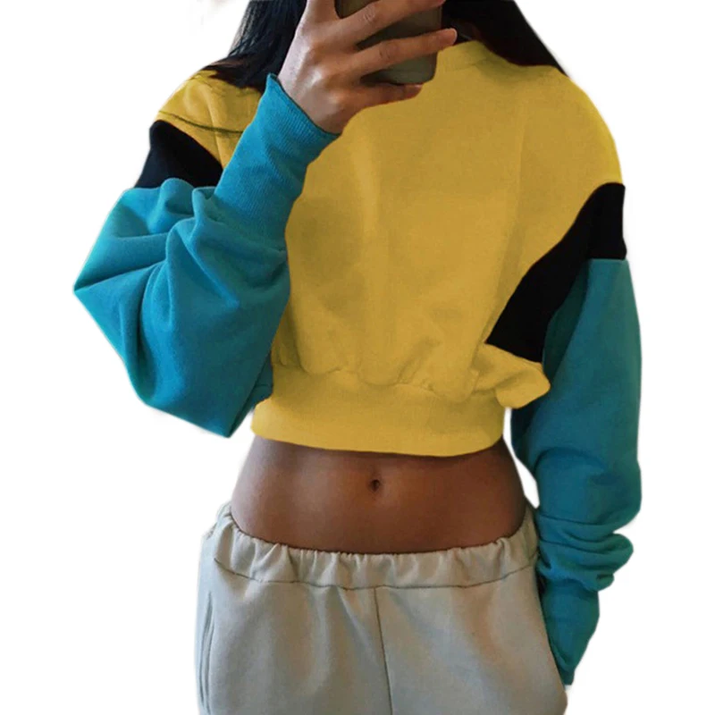 

Autumn 2019 Fashion Patchwork Color Sweatshirts Womens Long Sleeve Sweatshirt Hoodies Tops Blusas Crop Pullover Plus Size Shirt