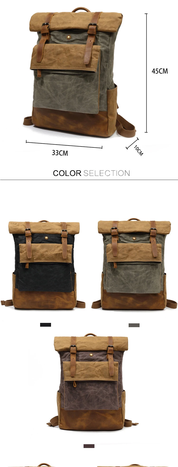 COLOR DISPLAY of Woosir Stylish Handmade Waxed Canvas Roll Top Backpack