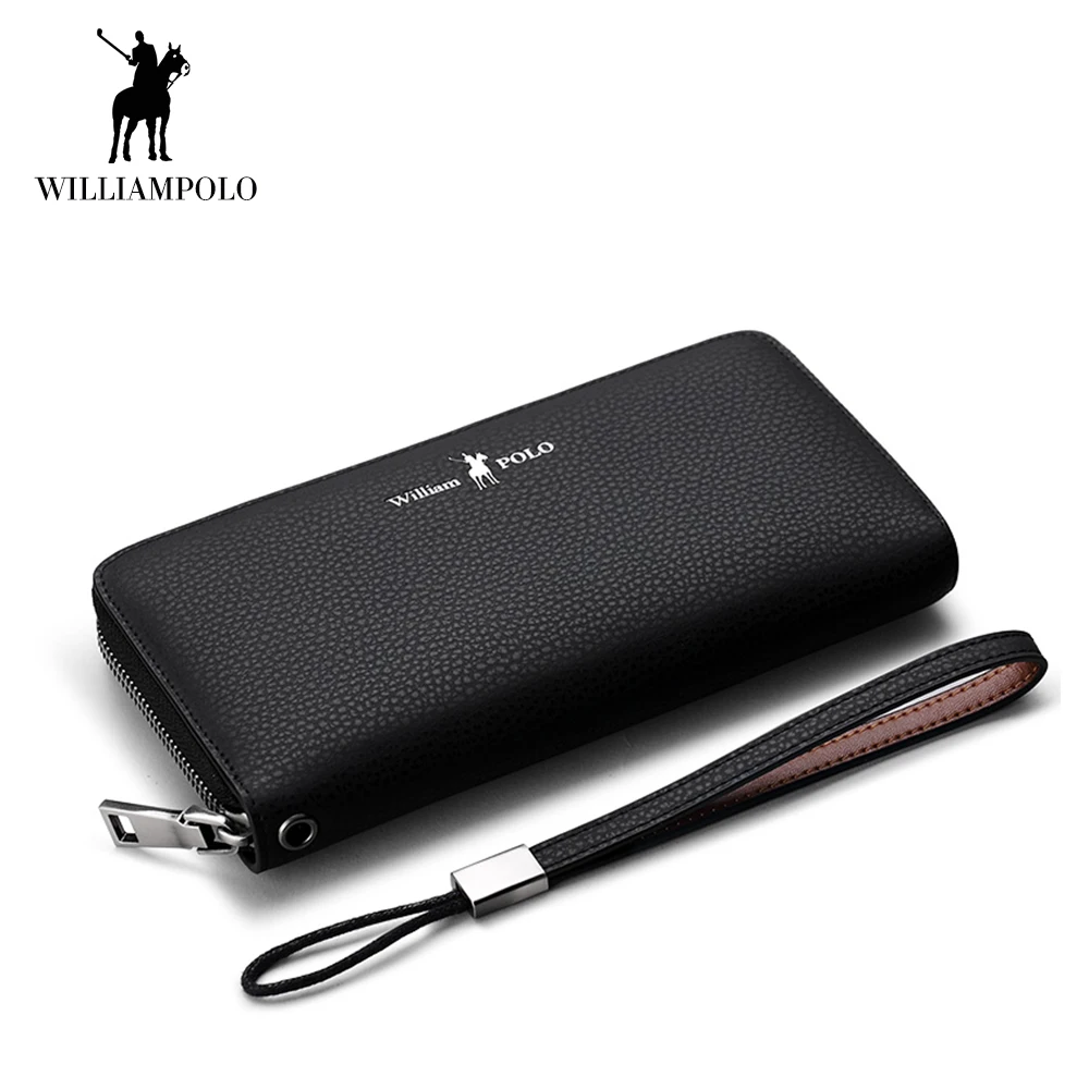WilliamPOLO Men Wallet Long Clutch Anti Theft Strap Multi Card Holder Genuine Leather Phone Cash Coin Purse with Zipper Pocket