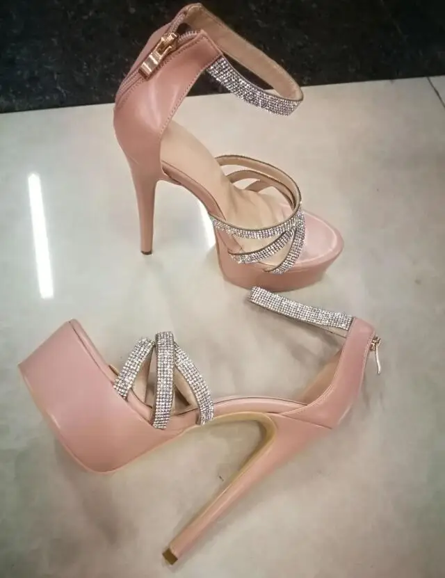 

2022 Fashion Crystal Summer Thin High Heel Sandals Back Zipper Ankle Strap with Platform Sandal Shoes