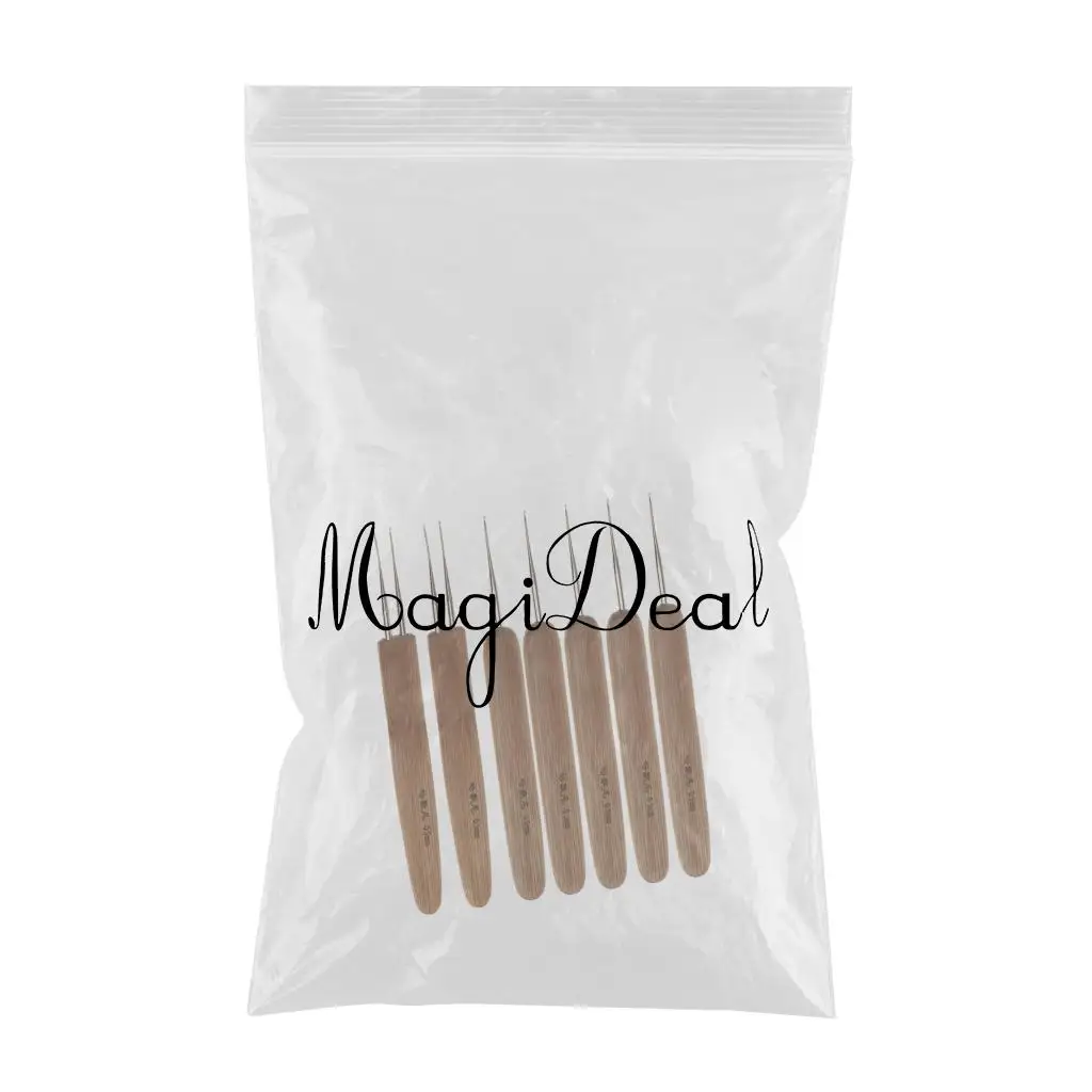 5pcs Natural Wood Handle Hair Weaving Extensions Crochet Needles + 2pcs Double Dreading Hooks Braid Craft Set 0.5mm