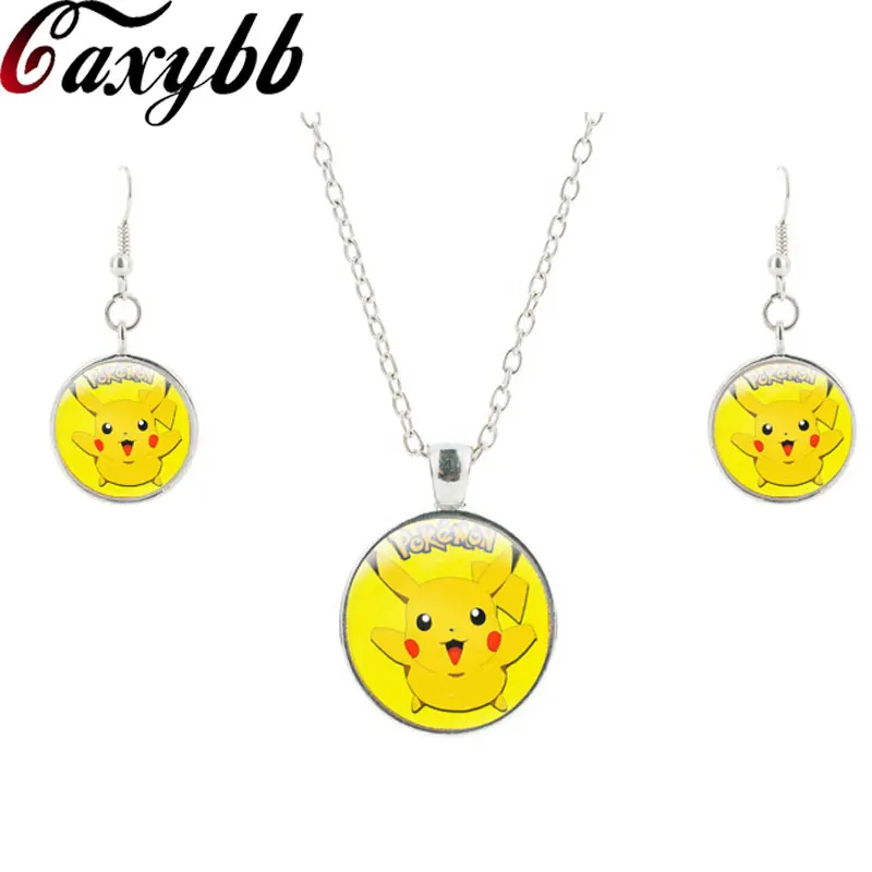 

Pikachu Pokemon Crystal Pendant Necklace Glass Cabochon Art Picture earring Fine Jewelry Jewelry Set Male Female Gifts