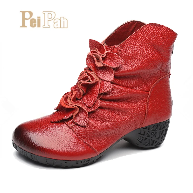 

PEIPAH 2019 New Flowers Genuine leather Women's Ankle Boots Spring Ladies Boots Vintage High Heeled Shoes Woman Botas Mujer