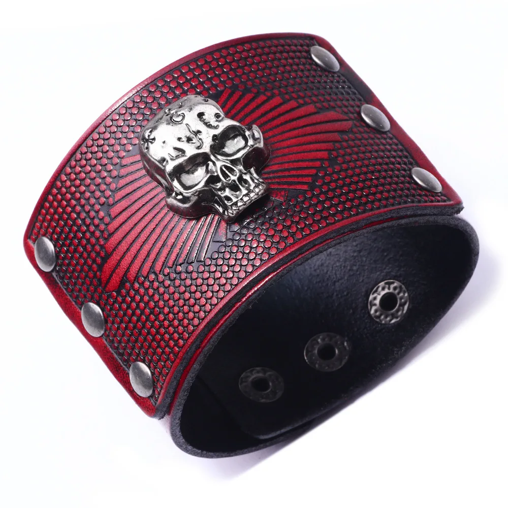 

Mens Bracelets 2019 New Leather Bracelet Skull Exaggerated Wide Leather Hand Snap Jewelry Gifts for Men Bracelets Bangles