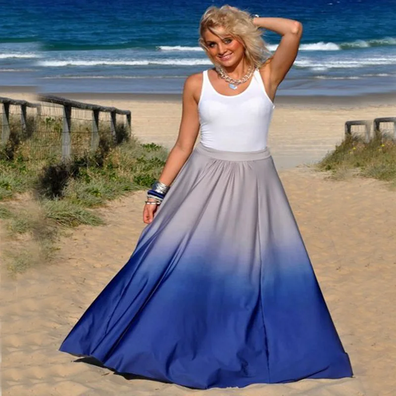 2016 New Fashion Casual Maxi Skirts Women S Floort Length Gradient Skirts Elastic Waist Pleated Skirts