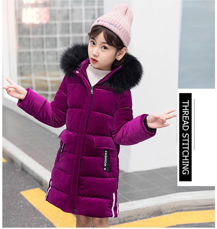 Теплая одежда для девочек на холодную зиму длинное пальто из плюша плотная теплая куртка с капюшоном, коллекция года, Детская Верхняя одежда Детские зимние парки для детей возрастом от 4 до 14 лет