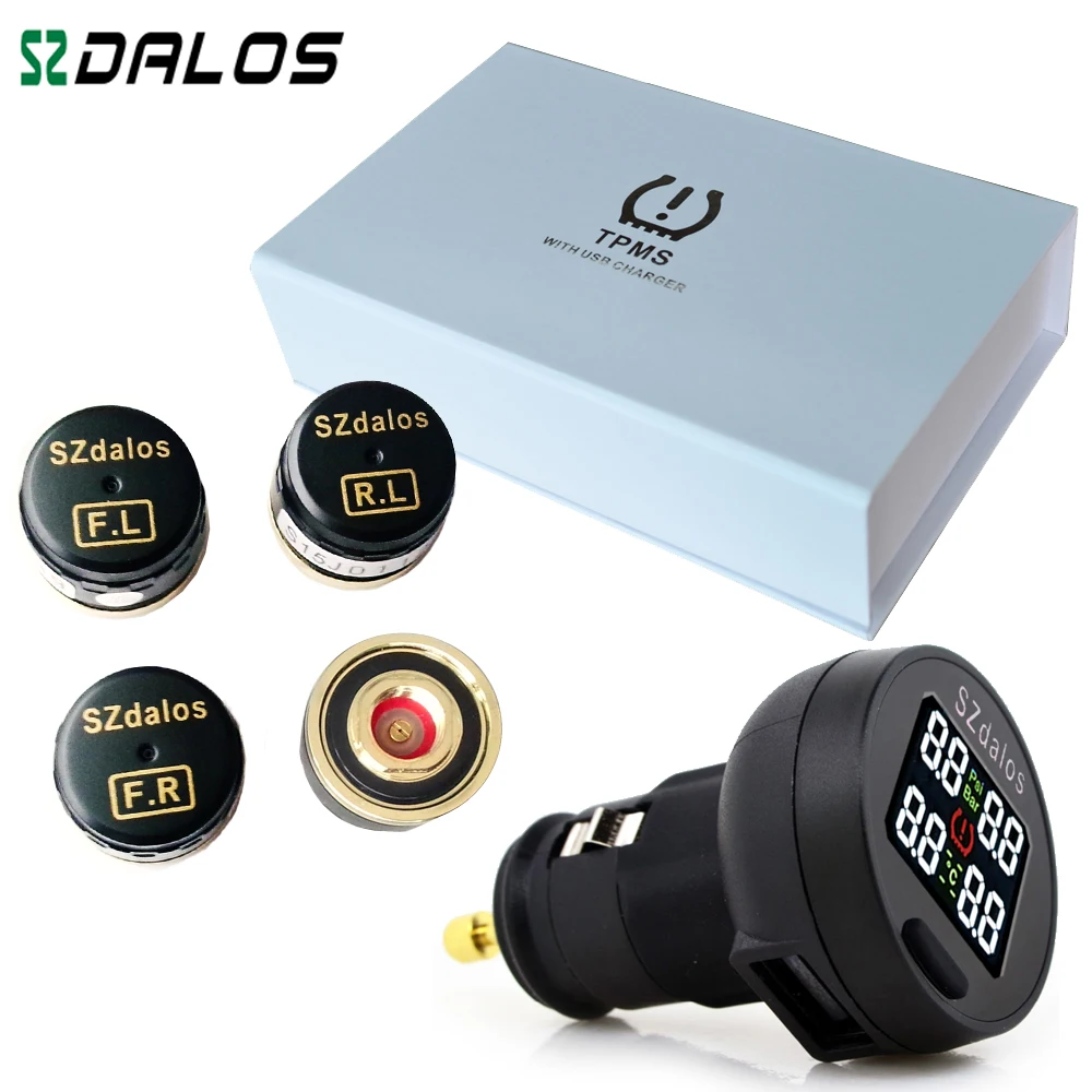 SZDALOS TP200 TPMS  Car Wireless Tire Pressure Monitoring System + 4 Mini Sensors  Cigarette Tyre Pressure Monitoring