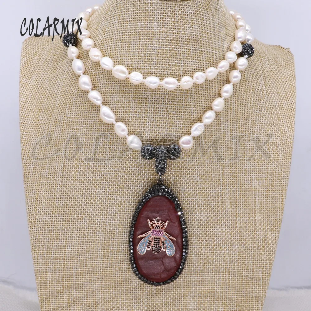 Handmade beaded necklace with Snakeskin Pendant &amp cute tiny bugs fresh water pearls High quality gift for lady 4112 | Украшения и