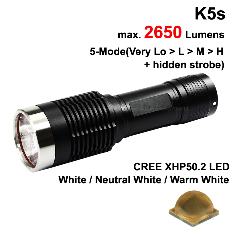 K5s Cree XHP50.2 белый 6500 К/нейтральный белый 5000 К/теплый белый 3000 К 2650 люмен 5-режим светодиодный фонарик-черный(1x26650