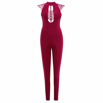 

New Arrival Sexy Hollow Out Red Bandage Jumpsuit 2018 Knitted Bodycon Designer Bandage Jumpsuit