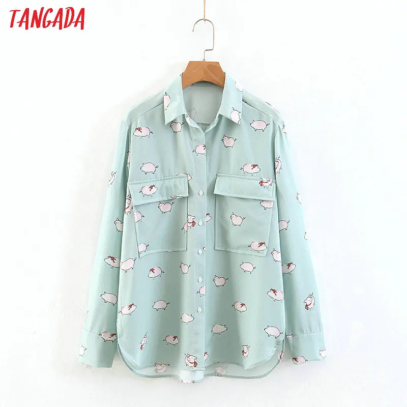 

Tangada korea women cute print blouse green shirts turn down collar long sleeve pockets shirt spring female tops SL65