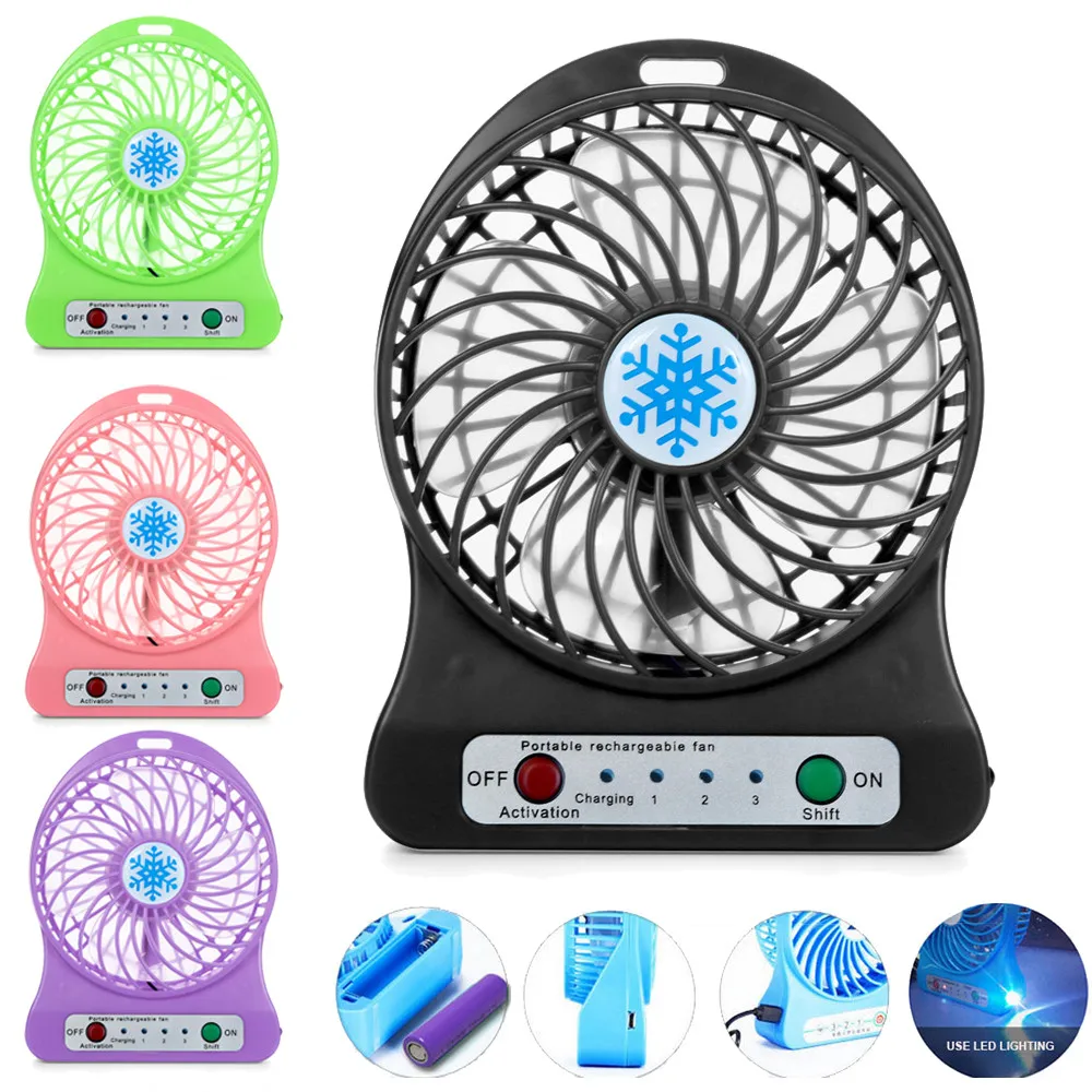 

Portable Rechargeable LED Light Fan 3-mode of wind speed and 1 mode of LED Light Air Cooler Mini Desk USB 18650 Battery Fan