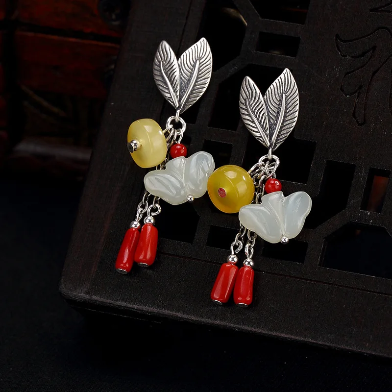 

2018 Limited Real Earings Fashion Jewelry S925 Pure Antique Inlaid And Field Jade South Honey Wax Leaf Lady Earrings Wholesale
