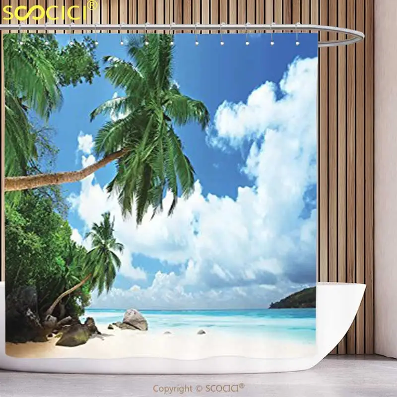 

Unique Shower Curtain Ocean Decor Beach Coconut Tree Mahe sland Coastal Print Bathroom Decor Set with Hooks