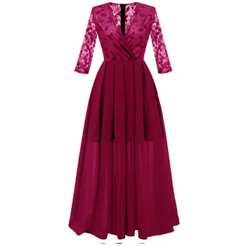 

Women Spring Summer Long Dress 2019 Elegant Embroidery Floral Lace Party Dress Female Sexy V Neck Chiffon Ball Gown Maxi Dresses