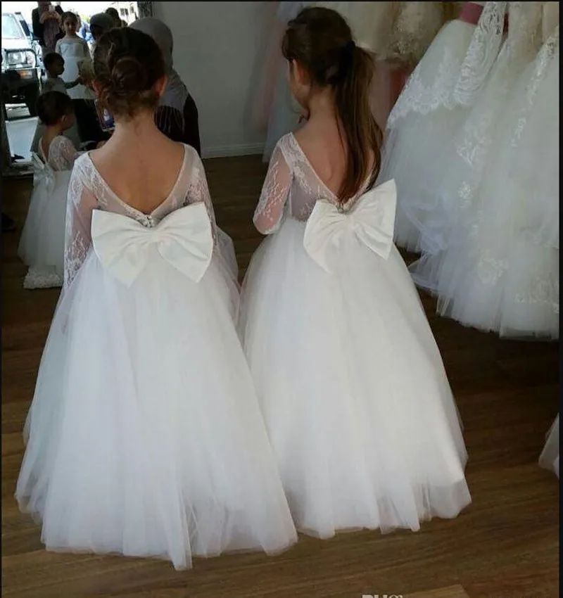Pure White Tulle Lace First Communion Gowns with Bow Backless Custom Made Flower Girl Dresses For Wedding Girls Parties Vestidos | Детская