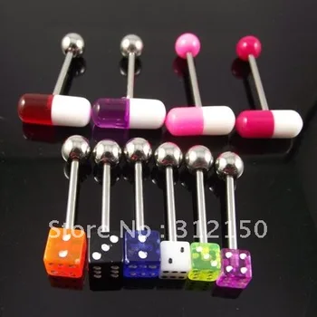 

SaYao 50pcs free shipping 14G Mix design color Dice Tongue Ring, Dice Tongue Barbell Rings labret ring body piercing jewelry