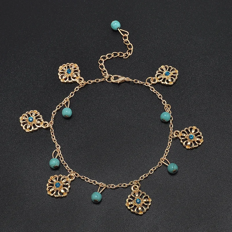 2 Pcs Set Beads Flower Pendant Beach Anklets for Women Gold Color Sexy Boho Anklets Foot Chain Charm Jewelry Gift Drop Shipping