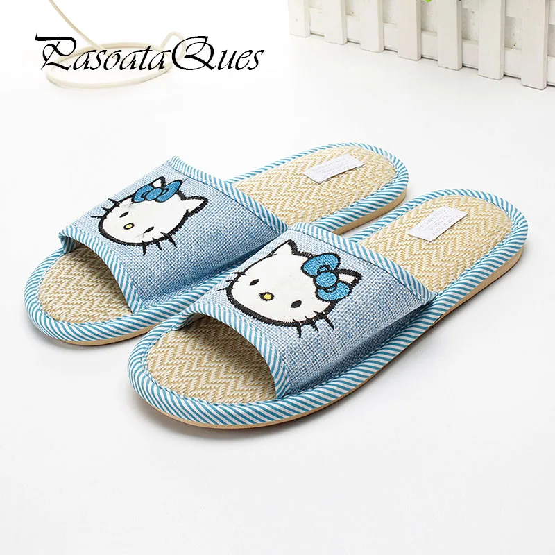 Новинка тапочки Hello Kitty сезон весна лето удобная дышащая льняная домашняя женская
