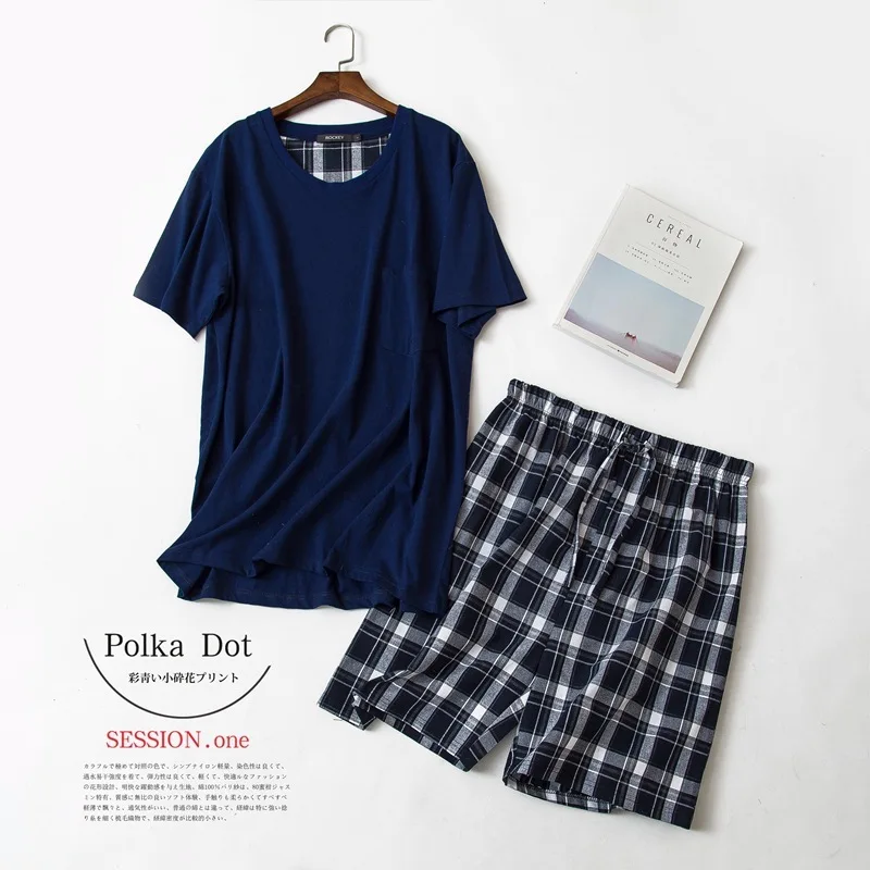 Cotton Men's Summer Knit Short Sleeve Shorts Home Set Pajama Set Korean Youth clothing sleep Lounge suit Cotton Men's Summer Knit Short Sleeve Shorts Home Set Pajama Set Korean Youth clothing sleep Lounge suit