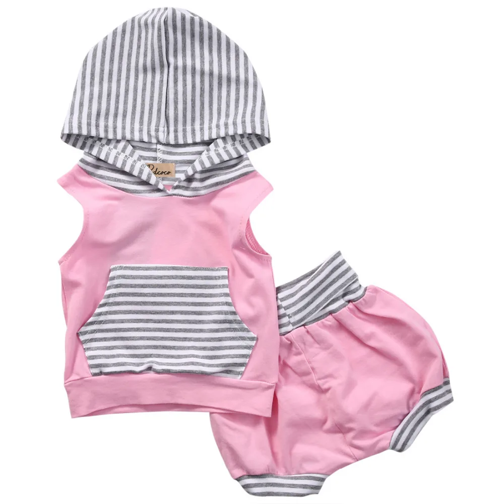 Newborn Baby Girls Boy Striped Sleeveless Tops Hooded Vest Pants Shorts Pink Outfits Set Striped Clothes