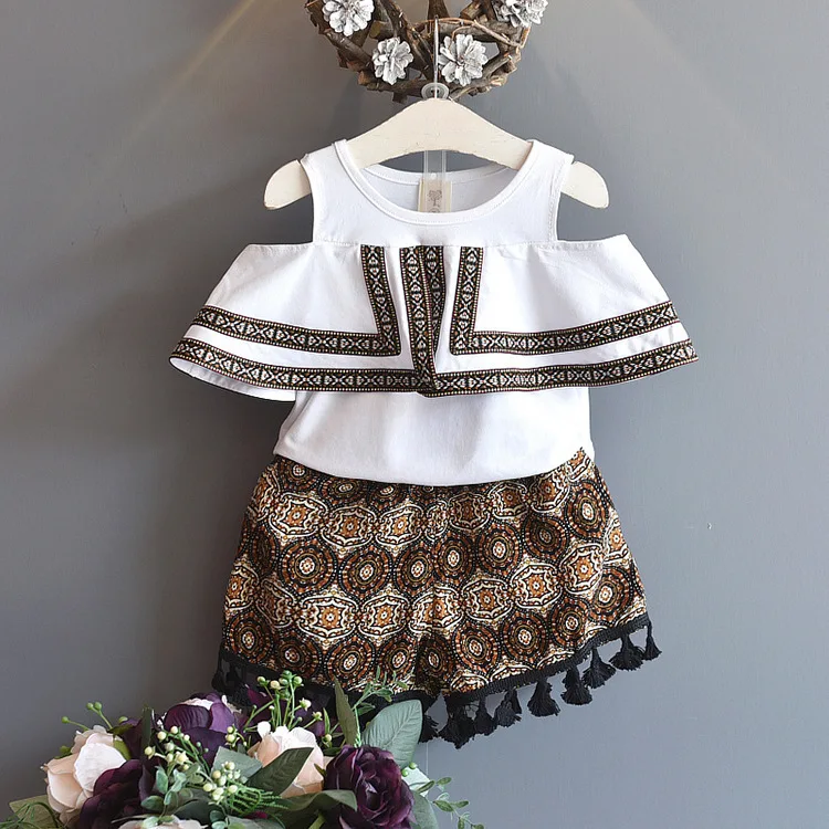 

2PCS Toddler Baby Girls Fake Two-piece Ruffle Vest With Fringe Wide leg Tassel Short Pants Outfits Clothes Set 2019