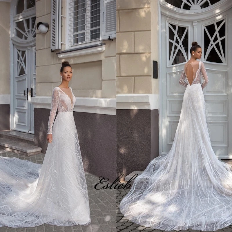 

2019 Eslieb bridal dress V neck Illusion custom made high quality robe de mariee special lace vestido de novia long sleeve HA046