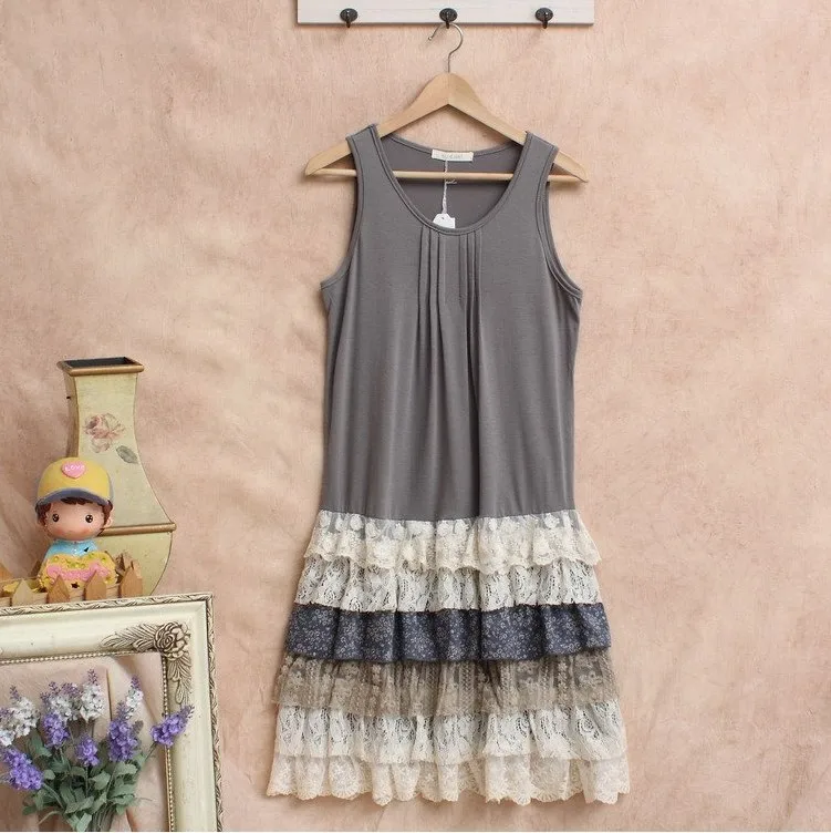 

Japanese Mori Girl Style Multi-Layer Ruffles Lolita Tank Dress Loose Casual Sleeveless Knee Length Dresses 16616