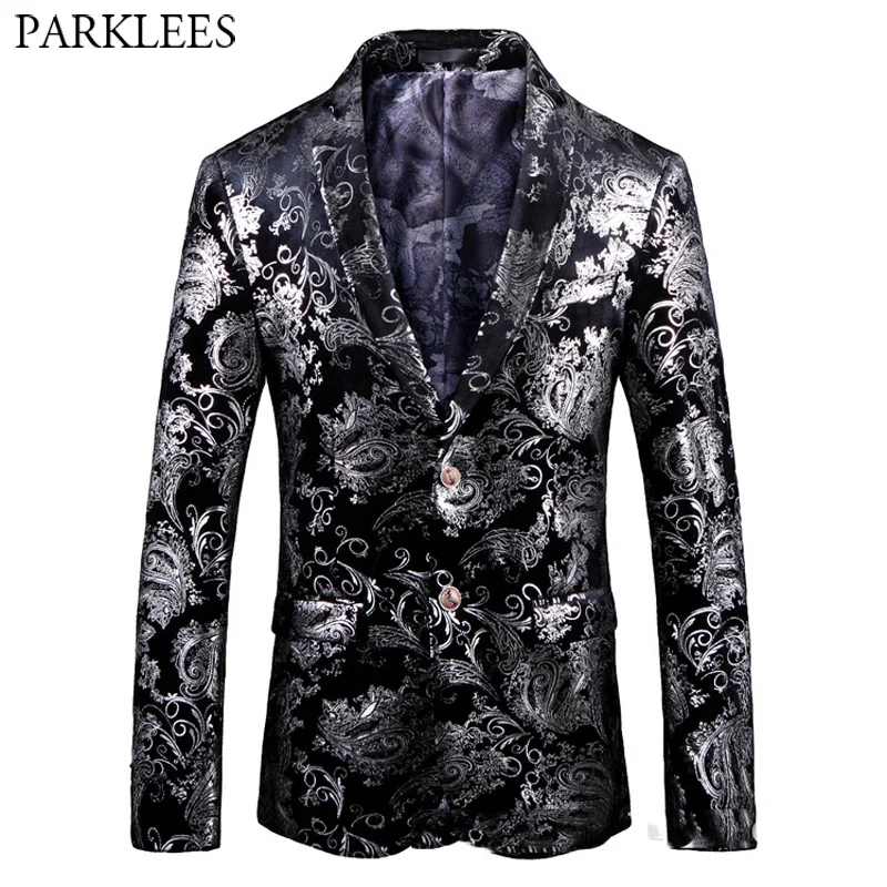 

Black Velvet Blazer Men Paisley Suit Jacket Casual Business Blazers Men Party Wedding Blazer Male Stage Singer Perform Clothes